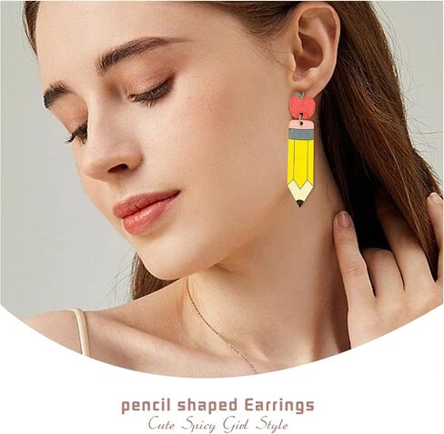 Funny Pencil Earrings for Women Girls, Pencil Hand Painted Laser Cut Wood Earrings, Teacher Earrings Pencil Jewelry, Pencil Drop Dangle Earrings, Teacher Appreciation Gifts (Yellow) in Saudi Arabia