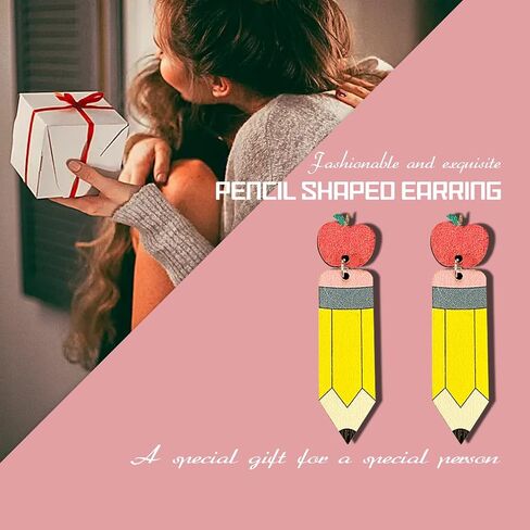 Funny Pencil Earrings for Women Girls, Pencil Hand Painted Laser Cut Wood Earrings, Teacher Earrings Pencil Jewelry, Pencil Drop Dangle Earrings, Teacher Appreciation Gifts (Yellow) in Saudi Arabia