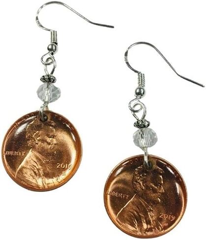 Lucky Penny Earrings sealed in resin, Clear Crystal Accent Beads, USA coin jewelry on sterling silver earwires, new shiny pennies! (years will vary) in Saudi Arabia