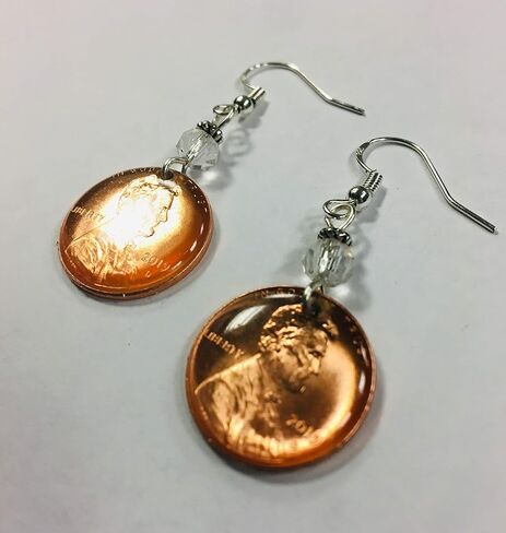Lucky Penny Earrings sealed in resin, Clear Crystal Accent Beads, USA coin jewelry on sterling silver earwires, new shiny pennies! (years will vary) in Saudi Arabia