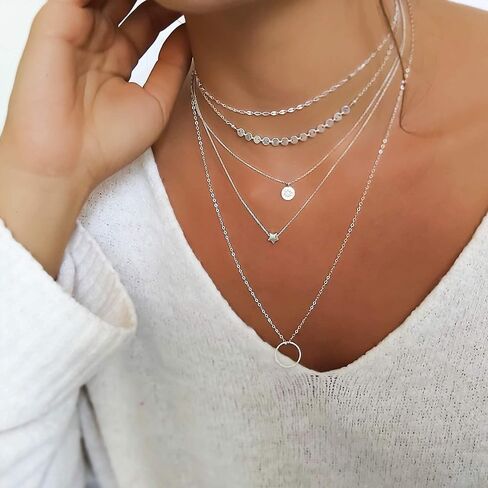قلادة أنيكا بيلا كارما للنساء، الطول 20-22 بوصة، قلادات طويلة الطبقات، مقاومة للماء، قلادة دائرية بسيطة من الفضة الاسترليني أو الذهب المملوء (فضي) in Kuwait
