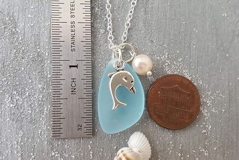 Hawaii Bottlenose Dolphin"playing" with a Pearl, Turquoise Bay blue sea glass necklace, Natural pearl,"December Birthstone", FREE gift box, Customizable Gift Message) (Non-Personalized) in Saudi Arabia
