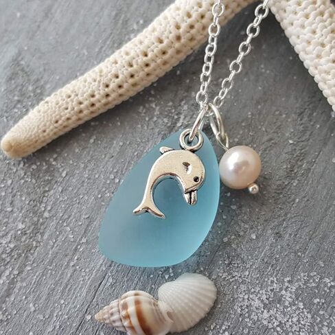 Hawaii Bottlenose Dolphin"playing" with a Pearl, Turquoise Bay blue sea glass necklace, Natural pearl,"December Birthstone", FREE gift box, Customizable Gift Message) (Non-Personalized) in Saudi Arabia