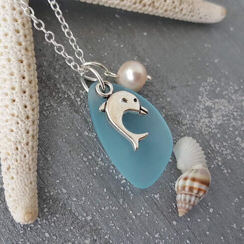 Hawaii Bottlenose Dolphin"playing" with a Pearl, Turquoise Bay blue sea glass necklace, Natural pearl,"December Birthstone", FREE gift box, Customizable Gift Message) (Non-Personalized) in Saudi Arabia