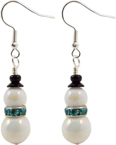 Handmade Snowman Earrings for Women with Opalescent Glass Beads, Rhinestone Scarf, Black Beaded Top Hat and Silver Toned Ear Wires (Blue) in Kuwait