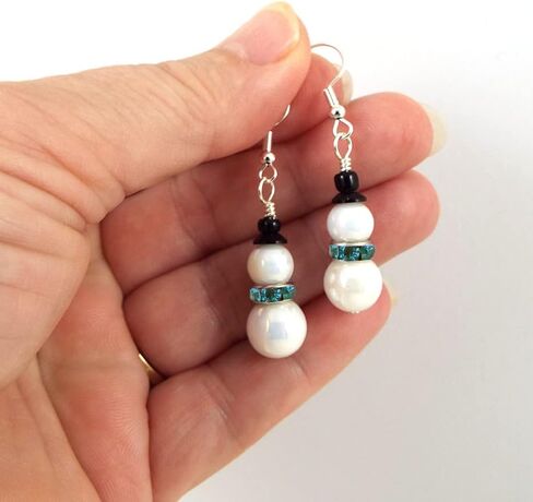 Handmade Snowman Earrings for Women with Opalescent Glass Beads, Rhinestone Scarf, Black Beaded Top Hat and Silver Toned Ear Wires (Blue) in Kuwait