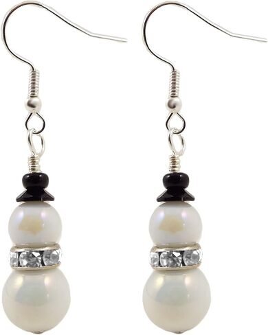 Handmade Snowman Earrings for Women with Opalescent Glass Beads, Rhinestone Scarf, Black Beaded Top Hat and Silver Toned Ear Wires (Blue) in Kuwait