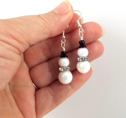 Handmade Snowman Earrings for Women with Opalescent Glass Beads, Rhinestone Scarf, Black Beaded Top Hat and Silver Toned Ear Wires (Blue) in Kuwait