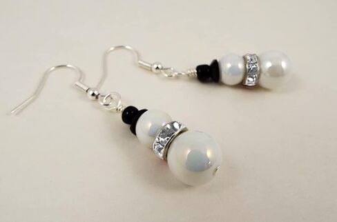 Handmade Snowman Earrings for Women with Opalescent Glass Beads, Rhinestone Scarf, Black Beaded Top Hat and Silver Toned Ear Wires (Blue) in Kuwait