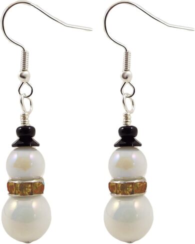 Handmade Snowman Earrings for Women with Opalescent Glass Beads, Rhinestone Scarf, Black Beaded Top Hat and Silver Toned Ear Wires (Blue) in Kuwait