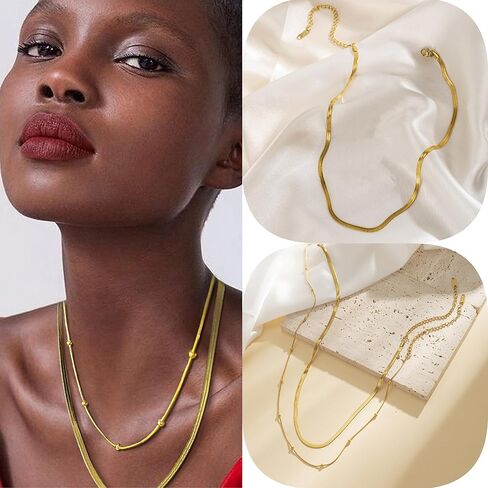 Gold Necklace For Women 2 Pcs Dainty 14k Gold Necklace Gold Layered Necklaces For Women Beaded Gold Necklace Suitable For Valentine's Day, Christmas, Best Gift For Daughter, Girlfriend, Mom in Kuwait