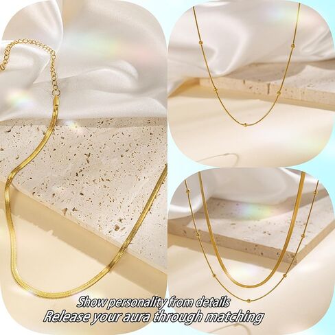 Gold Necklace For Women 2 Pcs Dainty 14k Gold Necklace Gold Layered Necklaces For Women Beaded Gold Necklace Suitable For Valentine's Day, Christmas, Best Gift For Daughter, Girlfriend, Mom in Kuwait