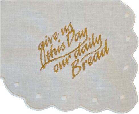 Embroidered Linen&Cotton Bun/Bread Warmer Cloth with Swiss Dots - Give Us This Day Our Daily Bread - Handmade - Small Woman Owned Business in Saudi Arabia