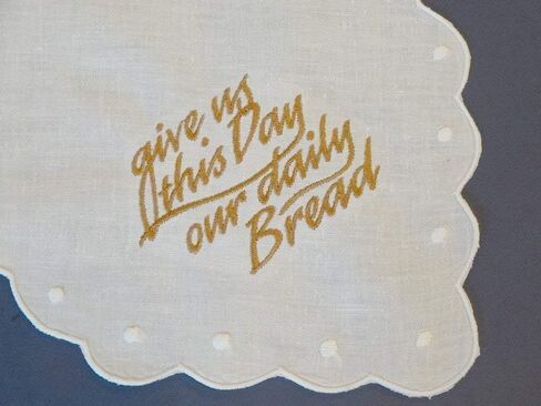 Embroidered Linen&Cotton Bun/Bread Warmer Cloth with Swiss Dots - Give Us This Day Our Daily Bread - Handmade - Small Woman Owned Business in Saudi Arabia
