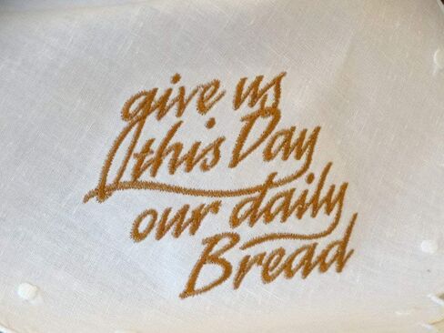 Embroidered Linen&Cotton Bun/Bread Warmer Cloth with Swiss Dots - Give Us This Day Our Daily Bread - Handmade - Small Woman Owned Business in Saudi Arabia