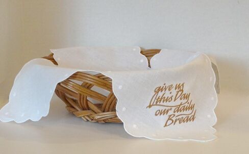 Embroidered Linen&Cotton Bun/Bread Warmer Cloth with Swiss Dots - Give Us This Day Our Daily Bread - Handmade - Small Woman Owned Business in Saudi Arabia