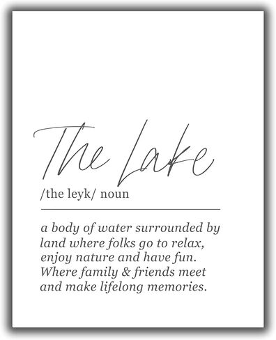 The Lake Definition Word Wall Art Print. 11x14 UNFRAMED Black and White Minimalist, Dictionary-Style Quote Typography Decor for Lake House, Cabin, Cottage. in Kuwait