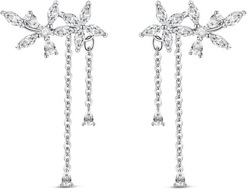 925 Sterling Silver CZ Flower Earrings Dangle for Women Elegant Bridal Drop Earrings Silver Prom Jewelry for Women in Saudi Arabia