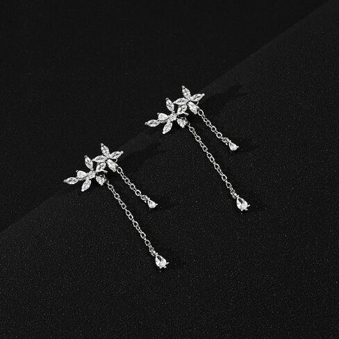 925 Sterling Silver CZ Flower Earrings Dangle for Women Elegant Bridal Drop Earrings Silver Prom Jewelry for Women in Saudi Arabia