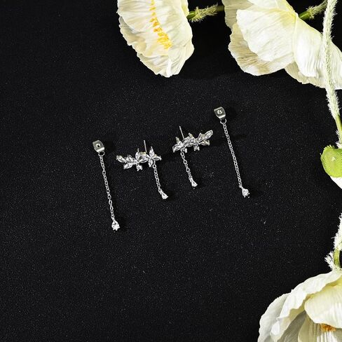 925 Sterling Silver CZ Flower Earrings Dangle for Women Elegant Bridal Drop Earrings Silver Prom Jewelry for Women in Saudi Arabia