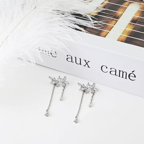 925 Sterling Silver CZ Flower Earrings Dangle for Women Elegant Bridal Drop Earrings Silver Prom Jewelry for Women in Saudi Arabia