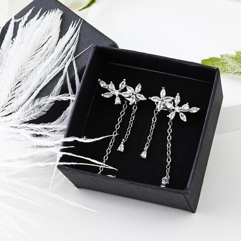 925 Sterling Silver CZ Flower Earrings Dangle for Women Elegant Bridal Drop Earrings Silver Prom Jewelry for Women in Saudi Arabia