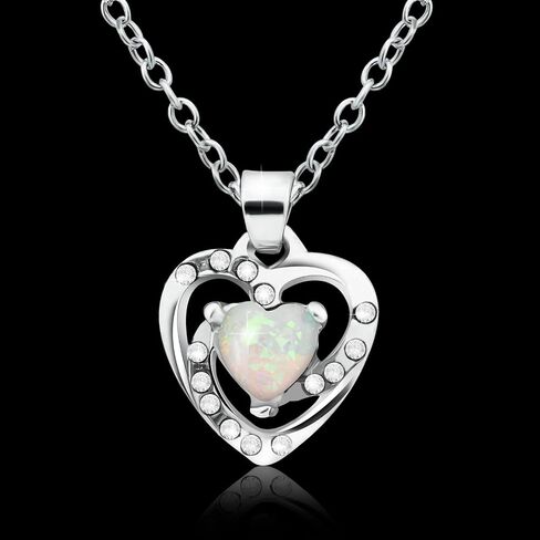 925 Sterling Silver Opal Heart Necklace Dainty Birthstone Necklace with Heart Pendant Dainty Opal jewelry Birthday Gifts for Her Women Girls in Saudi Arabia