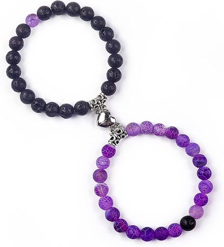 Matching Couple Bracelets Healing Crystal Bracelets for Couples Matching Heart Bracelet for Lover Him & Her Boyfriend Girlfriend Valentine's Day Gifts (Green Weathered Agate+ Black Lava Rock) in Saudi Arabia
