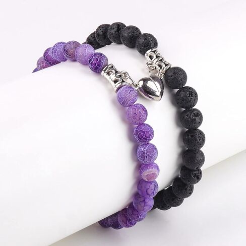 Matching Couple Bracelets Healing Crystal Bracelets for Couples Matching Heart Bracelet for Lover Him & Her Boyfriend Girlfriend Valentine's Day Gifts (Green Weathered Agate+ Black Lava Rock) in Saudi Arabia