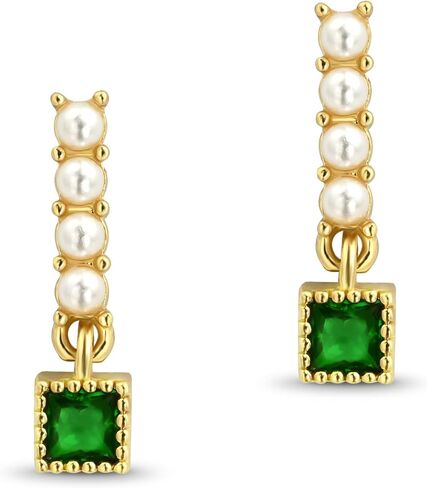 14K Gold Plated Pearl Emerald Stud Earrings, Vintage Emerald Green Earrings with 4 Pearls, Handmade Pearl Earrings for Women Trendy in Saudi Arabia