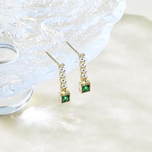 14K Gold Plated Pearl Emerald Stud Earrings, Vintage Emerald Green Earrings with 4 Pearls, Handmade Pearl Earrings for Women Trendy in Saudi Arabia