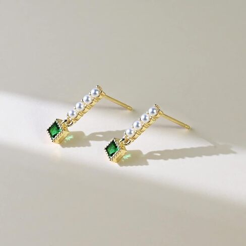 14K Gold Plated Pearl Emerald Stud Earrings, Vintage Emerald Green Earrings with 4 Pearls, Handmade Pearl Earrings for Women Trendy in Saudi Arabia