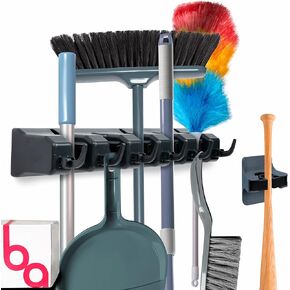 Combo 5 Slot Broom Holder w/ 1 Self Adhesive Mop Gripper No-Drilling, Wall Mount Tool Organizers For Kitchen, Garage, Laundry Room- Anti-Slip Hanger For Brooms, Mops, Rakes, Dustpans (Black / Black) in Saudi Arabia