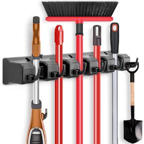 IMILLET Mop and Broom Holder, Wall Mounted Organizer-Mop and broom Storage Tool Rack with 5 Ball Slots and 6 Hooks (Black)