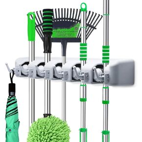 LETMY Broom Holder Wall Mounted - Mop and Broom Hanger Holder - Garage Storage Rack & Garden Tool Organizer - 5 Position 6 Hooks for Home, kitchen, Garden, Tools, Garage Organization