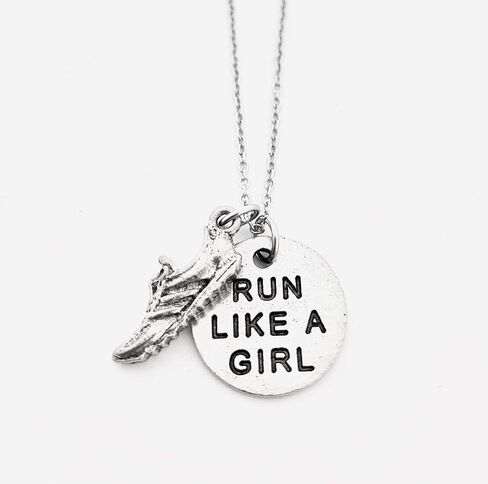 Pewter RUN LIKE A GIRL Necklace - Pewter Running Shoe Charm with Pewter Round Run Like a Girl Pendant on 18 inch Stainless Steel Cable Chain in Saudi Arabia