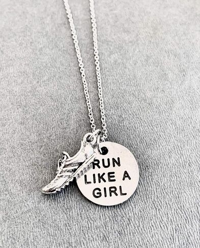 Pewter RUN LIKE A GIRL Necklace - Pewter Running Shoe Charm with Pewter Round Run Like a Girl Pendant on 18 inch Stainless Steel Cable Chain in Saudi Arabia