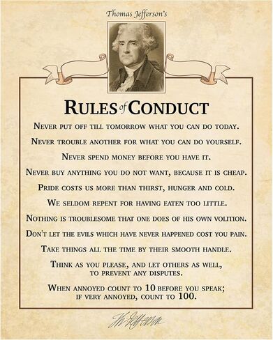 "Thomas Jefferson's Rules of Conduct"-Inspirational Wall Art Sign- 8 x 10"Motivational Quotes Poster Print w/Distressed Parchment Design-Ready to Frame. Perfect Home-Office-School-Library Decor! in Saudi Arabia