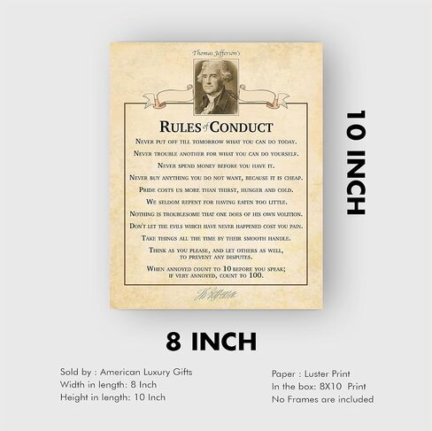 "Thomas Jefferson's Rules of Conduct"-Inspirational Wall Art Sign- 8 x 10"Motivational Quotes Poster Print w/Distressed Parchment Design-Ready to Frame. Perfect Home-Office-School-Library Decor! in Saudi Arabia