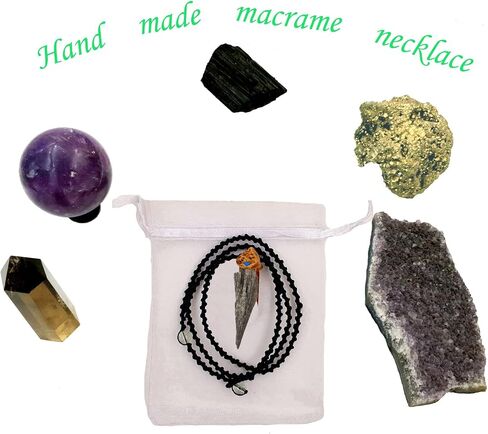 Crystal Natural Gemstone Necklace with Stone Pendant - Amulet for Protection & Chakra Healing, Handmade Jewelry with Gift Bag, Black Macrame Cord, By Smoky Quartz (Agate Slice Pink) in Kuwait