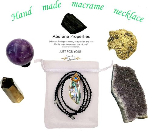 Crystal Natural Gemstone Necklace with Stone Pendant - Amulet for Protection & Chakra Healing, Handmade Jewelry with Gift Bag, Black Macrame Cord, By Smoky Quartz (Agate Slice Pink) in Kuwait