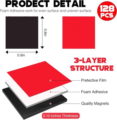 مغناطيسات مع دعامة لاصقة رغوية للأسطح غير المستوية (0.8 × 0.8 بوصة 128 قطعة)، نقاط مربعة مغناطيسية صغيرة للحرف اليدوية، بلاط السيراميك، مغناطيسات ذاتية اللصق للأولاد والبنات in Kuwait