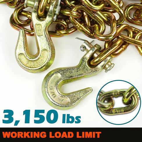 سلسلة Towmavin للنقل الموثق 12 قدم 1/4 بوصة خطافات Clevis 12,600 رطل قوة كسر للحمل، ربط لأسفل، سلسلة مقطورة شاحنة مسطحة للبضائع الثابتة - حزمة واحدة in Kuwait