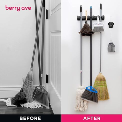 حامل مكنسة Berry Ave ومنظم أدوات الحديقة على الحائط - غرفة الغسيل المنزلية، المطبخ، الخزانة، السقيفة، تنظيم المرآب ورف أدوات التخزين - 5 فتحات و6 خطافات - مشط، مجرفة، شماعة ممسحة (أسود) in Kuwait