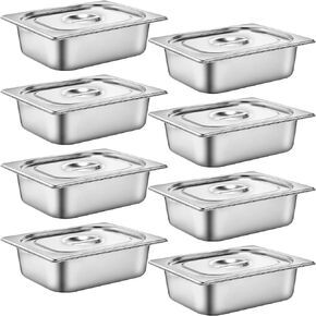 Thenshop 8 Set Stainless Steel Hotel Pans Steam Table Pan with Lids 4 inch 1/2 Half-Size Restaurant Pans Anti Steam Table Pan for Hotel Food Buffet Event Catering Supplies