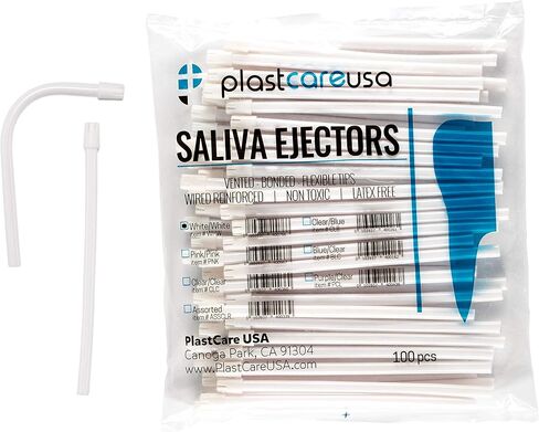 100 Dental Saliva Ejectors Disposable - Medical Grade Latex Free Evacuation Suction Tips - Flexible White Tube with White Tip (100 Pack) by PlastCare USA in Kuwait