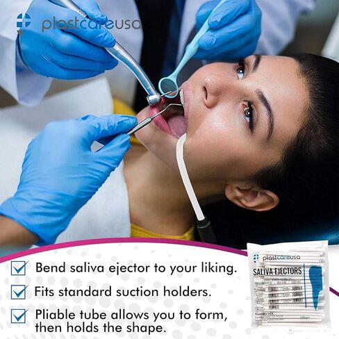100 Dental Saliva Ejectors Disposable - Medical Grade Latex Free Evacuation Suction Tips - Flexible White Tube with White Tip (100 Pack) by PlastCare USA in Kuwait