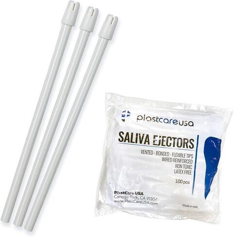 100 Dental Saliva Ejectors Disposable - Medical Grade Latex Free Evacuation Suction Tips - Flexible White Tube with White Tip (100 Pack) by PlastCare USA in Kuwait