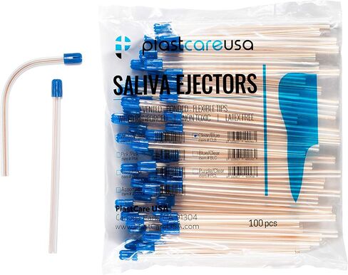 100 قاذف لعاب الأسنان يمكن التخلص منها - أطراف شفط خالية من اللاتكس من الدرجة الطبية - أنبوب شفاف مرن بطرف أزرق (100 عبوة) من PlastCare USA in Kuwait