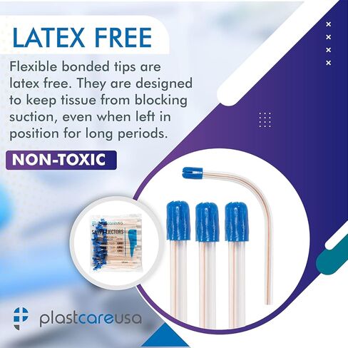 100 قاذف لعاب الأسنان يمكن التخلص منها - أطراف شفط خالية من اللاتكس من الدرجة الطبية - أنبوب شفاف مرن بطرف أزرق (100 عبوة) من PlastCare USA in Kuwait